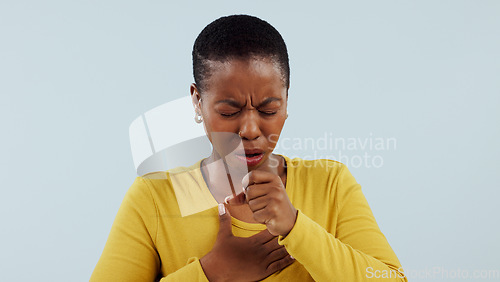 Image of Healthcare, allergies and cough, black woman in studio with lung disease, asthma or chest pain. Tuberculosis, covid virus or breathing problem, sick person with medical emergency on white background.