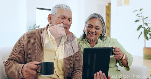 Image of Home, tablet and old couple with video call, coffee and conversation with connection, online chatting or network. Apartment, elderly woman or senior man with technology, tea or break with digital app