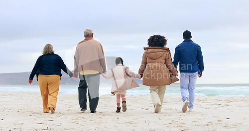 Image of Happy family, walking or holding hands by beach, nature or support love to relax on calm holiday. Parents, kids and generations of care in marriage, vacation and rio de janeiro for health wellness