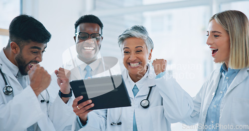 Image of Doctors, teamwork and celebration on tablet for hospital results, healthcare solution and reading report with mentor. Professional medical group of people on digital technology for winning or success