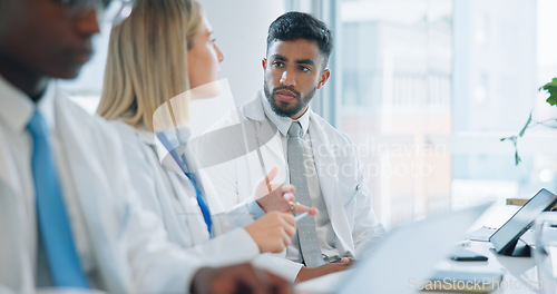 Image of Doctors, teamwork and meeting in group planning, management and hospital strategy or healthcare solution. Professional medical team, mentor or people listening to ideas for clinic workflow or service