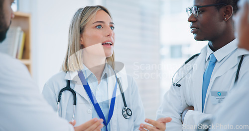 Image of Doctors, teamwork and group planning for hospital management, healthcare strategy and solution. Professional medical worker, mentor and students listening to ideas for clinic, service or workflow