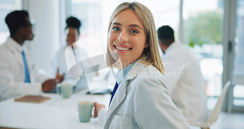 Image of Portrait, woman and doctors in a meeting, smile and healthcare with planning, hospital and teamwork. Face, professional and group with management staff, research and brainstorming with medicare