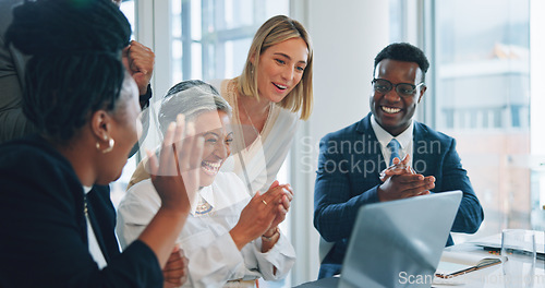 Image of Laptop, celebration applause and business people reading project info, sales income or online achievement. Investment deal success, winner or group clap for results notification, feedback or web news