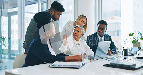 Image of Business people, team and manager on laptop for training, planning strategy and brainstorming at office desk. Computer, ceo and mentor coaching group, financial consultant and meeting collaboration