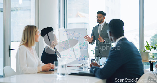 Image of Business people presentation, whiteboard and man consulting, advertising pitch and explain strategy, plan or ideas. Speaker, project management and board of director, group or team listen to proposal