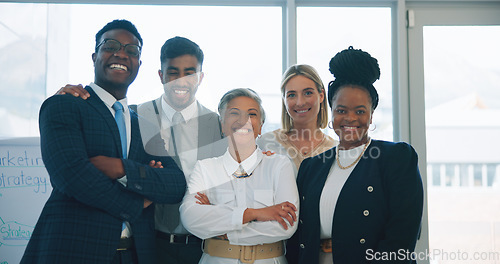 Image of Business people, portrait and smile in office for teamwork, corporate collaboration or diversity. Group of men, women and happy employees in professional company with pride, solidarity or partnership