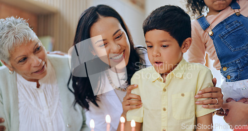 Image of with smile, fun and love together in home. Happiness, surprise and congratulations, mom and grandparents at kids party with excited child.