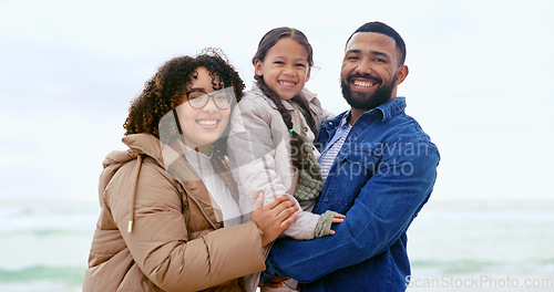 Image of Happy family, portrait or relax by beach, nature or support love to care on calm holiday. Young man, woman and child with face for bonding, together and vacation in rio de janeiro for health wellness