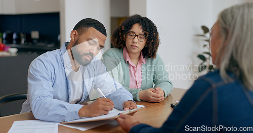 Image of Man, woman and advisor with contract in home for signature, application and insurance form for protection in future. People, couple and determined look for legal agreement with lawyer for guidance