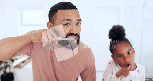 Image of Dad, child and brushing teeth in morning routine, portrait and playful in bathroom, hygiene and wellness. Dental care, oral health and toothbrush with toothpaste for gum disease, cleaning and girl