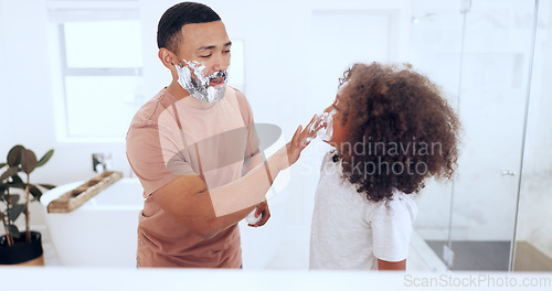 Image of Shaving, foam and father with son in bathroom for skincare, wellness and hygiene at home together. Family, beauty and happy dad teaching child with soap, cream and shave for cleaning or grooming