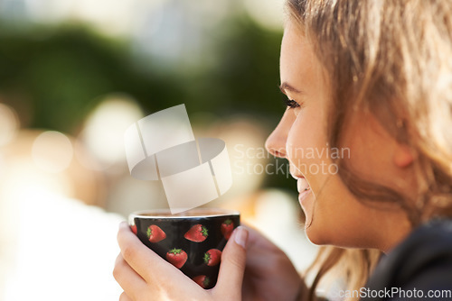Image of Woman, closeup and smile at coffee shop with a drink, espresso or latte outdoor in city. Cafe, restaurant and happiness with tea, cup and relax at brunch in summer with freedom, peace or calm morning