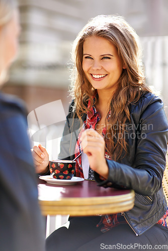 Image of Happy, women and friends drinking coffee at shop, meeting or reunion together. Girls, people and tea cup at cafe, restaurant table and customer enjoy latte, bonding and chat to relax outdoor in city