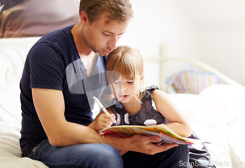 Image of Family, father and daughter with homework for helping, bonding and learning for education in bedroom of home. People, man and girl child with homeschooling, writing in book and care on bed of house