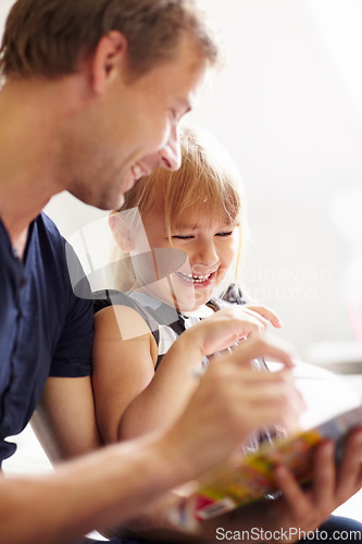 Image of Family, father and daughter with homework for helping, bonding and learning for education in bedroom with smile. People, man or girl child with homeschooling, happiness and care on bed of house