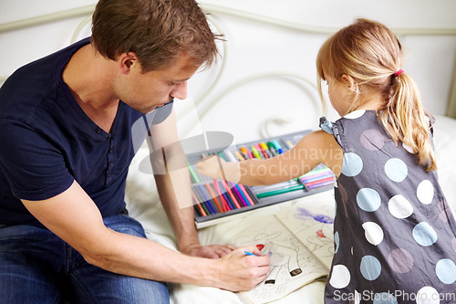 Image of Dad, daughter and coloring book for homework with helping, bonding and learning for education in bedroom of home. People, man and girl child with homeschooling, creativity and care on bed of house