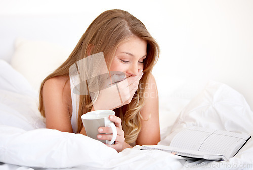 Image of Bedroom, notebook and relax happy woman reading, laughing and shocked with funny schedule, calendar or notes. Journal planner, home bed and morning person check information, checklist or diary