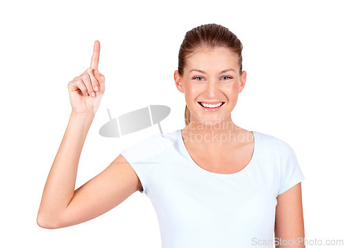 Image of Happy studio woman, portrait and pointing up at advertising news, sales promotion or show discount info, direction or presentation. Smile, service choice and female model gesture on white background