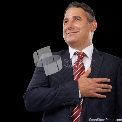 Image of Politician, hand on chest and man with thinking, business and promotion on a dark studio background. Mature person, model and government official with confidence, opportunity and formal with politics