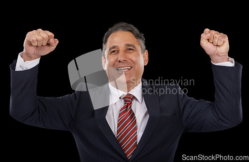 Image of Business man, winner and power or yes for success, celebration and winning, achievement or goals in studio. Professional boss or mature person in suit with fist for motivation on a black background