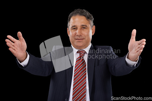 Image of Portrait, politician and man with open palms, showing and promotion on a dark studio background. Face, mature person and government official with opportunity, confident guy and lawyer with a speech