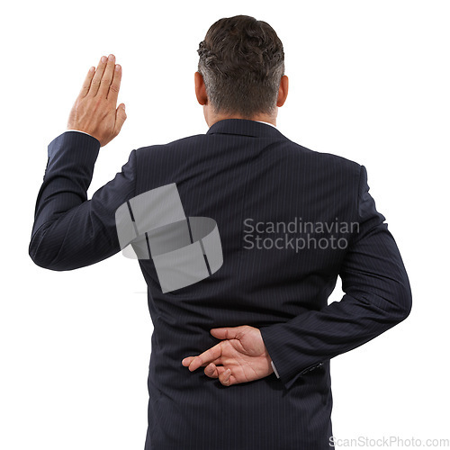 Image of Fingers crossed, back and man with oath, liar and corruption isolated on a studio white background. Person, lawyer and government official with hand gesture, scam or dishonest with testimony or lying