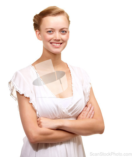 Image of Summer, fashion and portrait of model with arms crossed, confidence or style in white background or studio. Happy, face and teenager with a smile for dressing in trendy, outfit or simple gown