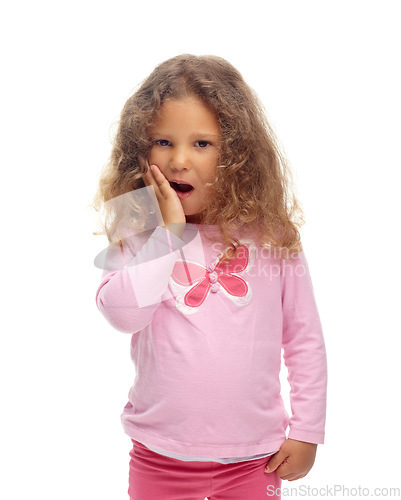 Image of Scared, child and portrait of girl with surprise, news and announcement in white background or studio. Wow, shocked and kid with emoji reaction to scary, fear or learning crazy information in mockup