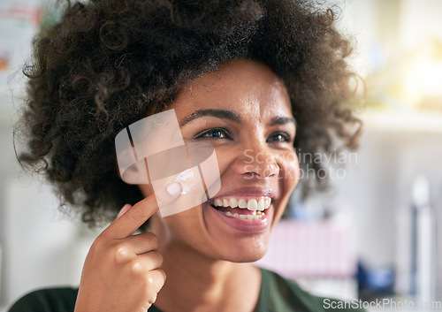 Image of Face, woman and laugh with lotion for skincare for pigmentation, texture or dermatology in home. Black person, happy and application of spf, sunscreen or moisturiser for sun, protection or treatment