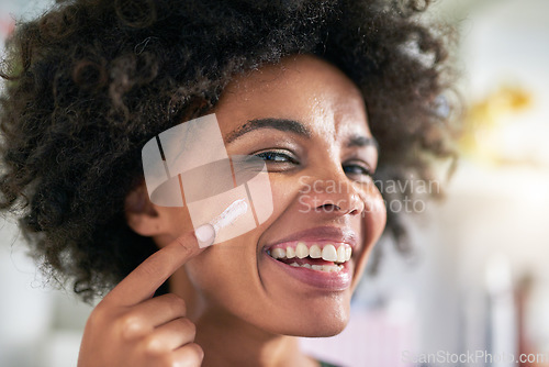 Image of Portrait, woman and face for cream by spf in home for wellness, protection and dermatology. Black person, happy or laugh with apply for skincare by treatment, pigmentation or hydration with vitamin c