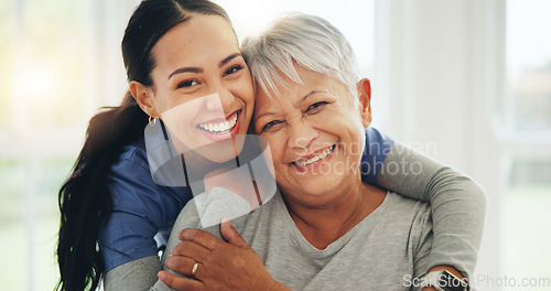 Image of Happy woman, nurse and hug senior patient in elderly care, support or trust at old age home. Portrait of mature female person, doctor or medical caregiver hugging with smile for embrace at house