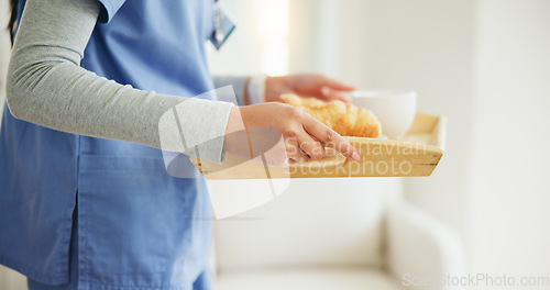 Image of Woman, hands and nurse with breakfast tray in elderly care, support or volunteer at home. Closeup of female person, medical doctor or caregiver holding snack, meal or service for healthy nutrition