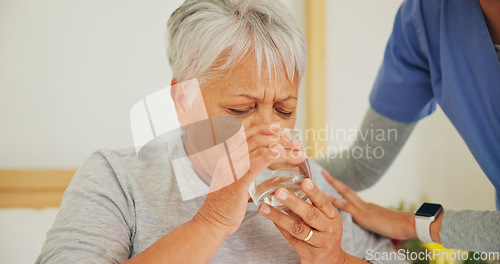 Image of Nurse, senior woman and drinking water for medication in healthcare, support or trust at old age home. Closeup of mature patient with mineral drink, beverage or medical caregiver in natural nutrition