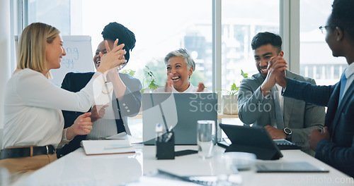Image of Laptop, group celebration or business people excited for accomplishment, sales profit or online achievement. Investment deal success, winner high five or celebrate results, feedback email or web news