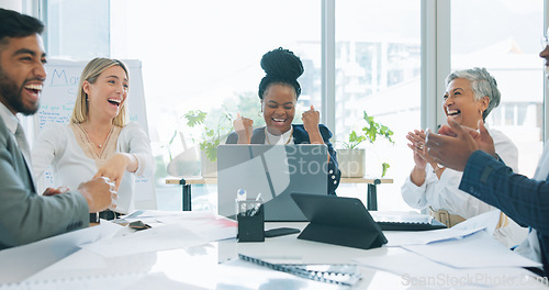 Image of Laptop, celebration or excited business people cheers for budget funding bonus, sales increase or web announcement. Investment deal success, winner and celebrate income, revenue or profit achievement