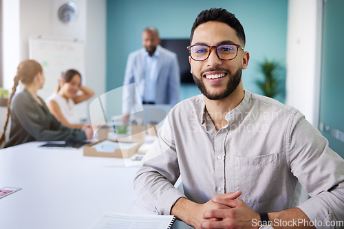 Image of Office, meeting and portrait of business man for conversation, collaboration and discussion. Corporate team, company and face of person with staff for brainstorming, planning and project feedback