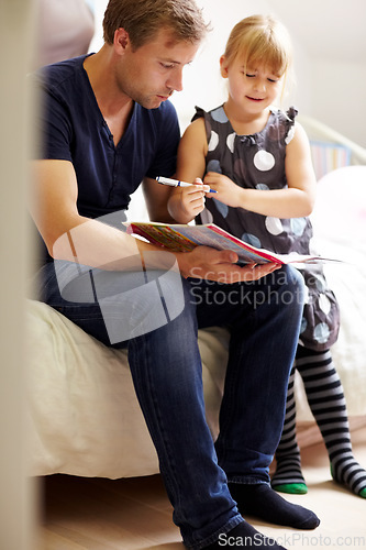 Image of Family, dad and daughter with homework for helping, bonding and learning for education in bedroom of home. People, man and girl child with homeschooling, writing in book and care on bed of house