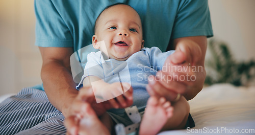 Image of Happy baby, father and bed with cute smile in relax for morning, playing or wakeup at home together. Closeup of parent, dad or little boy and face of adorable new born enjoying bonding in bedroom