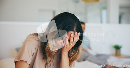 Image of Frustrated couple, fight and divorce with headache in bed, disagreement or argument at home. Upset woman and man in cheating affair, toxic relationship or stress for breakup or dispute in bedroom