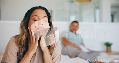 Image of Frustrated couple, fight and divorce in bed, disagreement or argument from conflict at home. Upset woman and man in cheating affair, toxic relationship or stress for breakup or dispute in bedroom