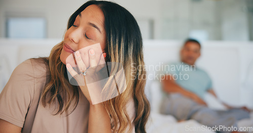 Image of Frustrated couple, fight and ignore for divorce in bed, disagreement or argument from conflict at home. Woman or man in cheating affair, toxic relationship or stress for breakup or dispute in bedroom