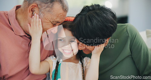Image of Grandparents, child and hug in portrait on sofa with happiness, love and support in home. Family, care and smile together in living room, apartment or relax on couch in house with senior couple