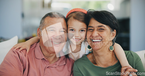 Image of Grandparents, child and hug in portrait on sofa with happiness, love and support in home. Family, care and smile together in living room, apartment or relax on couch in house with senior couple