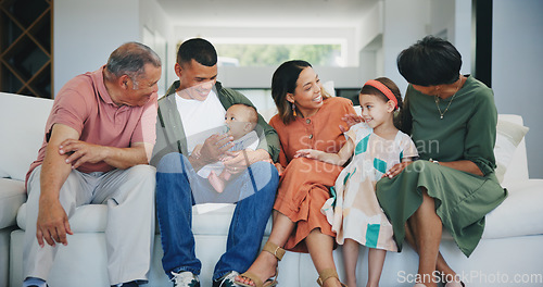 Image of Happy, smile and big family on sofa in the living room at modern home together in Mexico. Bonding, love and young kids relaxing with parents and grandparents for generations in the lounge at house.