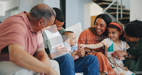 Image of Love, smile and happy big family on sofa in the living room at modern home together. Bonding, care and young kids relaxing with parents and grandparents for generations in the lounge at house.