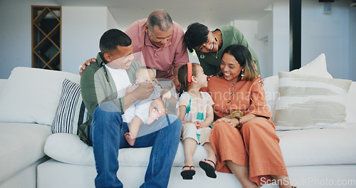 Image of Happy, smile and big family on sofa in the living room at modern home together in Mexico. Bonding, love and young kids relaxing with parents and grandparents for generations in the lounge at house.