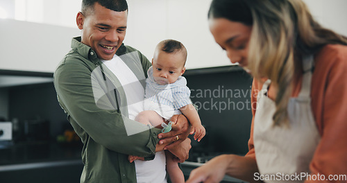 Image of Family, smile and cooking in closeup, love and bonding in kitchen, relax and support or laughing at home. Happy parents and baby, connect and hug or embrace, fun and humor or joyful conversation