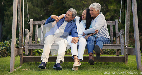 Image of Senior parents, hug or woman on bench with laughing, nature or bonding with goofy on retirement. Mature man, mother or older daughter for together in comic joke, lounge or embrace for love in garden