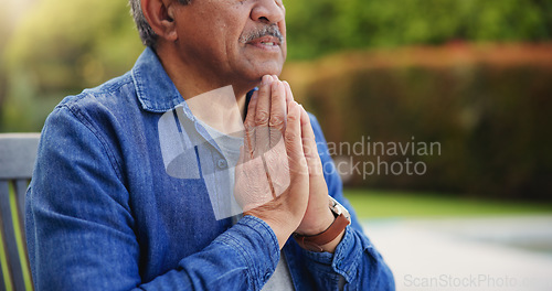 Image of Elderly, man or hands praying outdoor for religion, worship and support for jesus christ in garden of home. Senior, person and prayer for thank you, gratitude and trust in God for praise or salvation